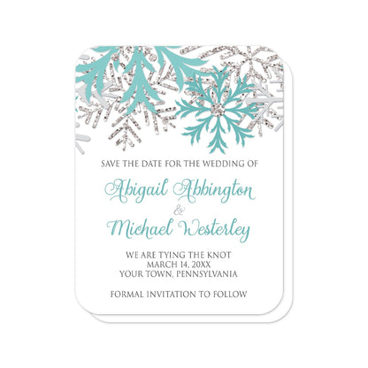 Winter Teal Silver Snowflake Save the Date Cards (with rounded corners) at Artistically Invited. Beautiful winter teal silver snowflake save the date cards designed with teal, light teal, silver-colored glitter-illustrated, and light gray snowflakes along the top over a white background. Your personalized wedding date details are custom printed in teal and gray below the pretty snowflakes.