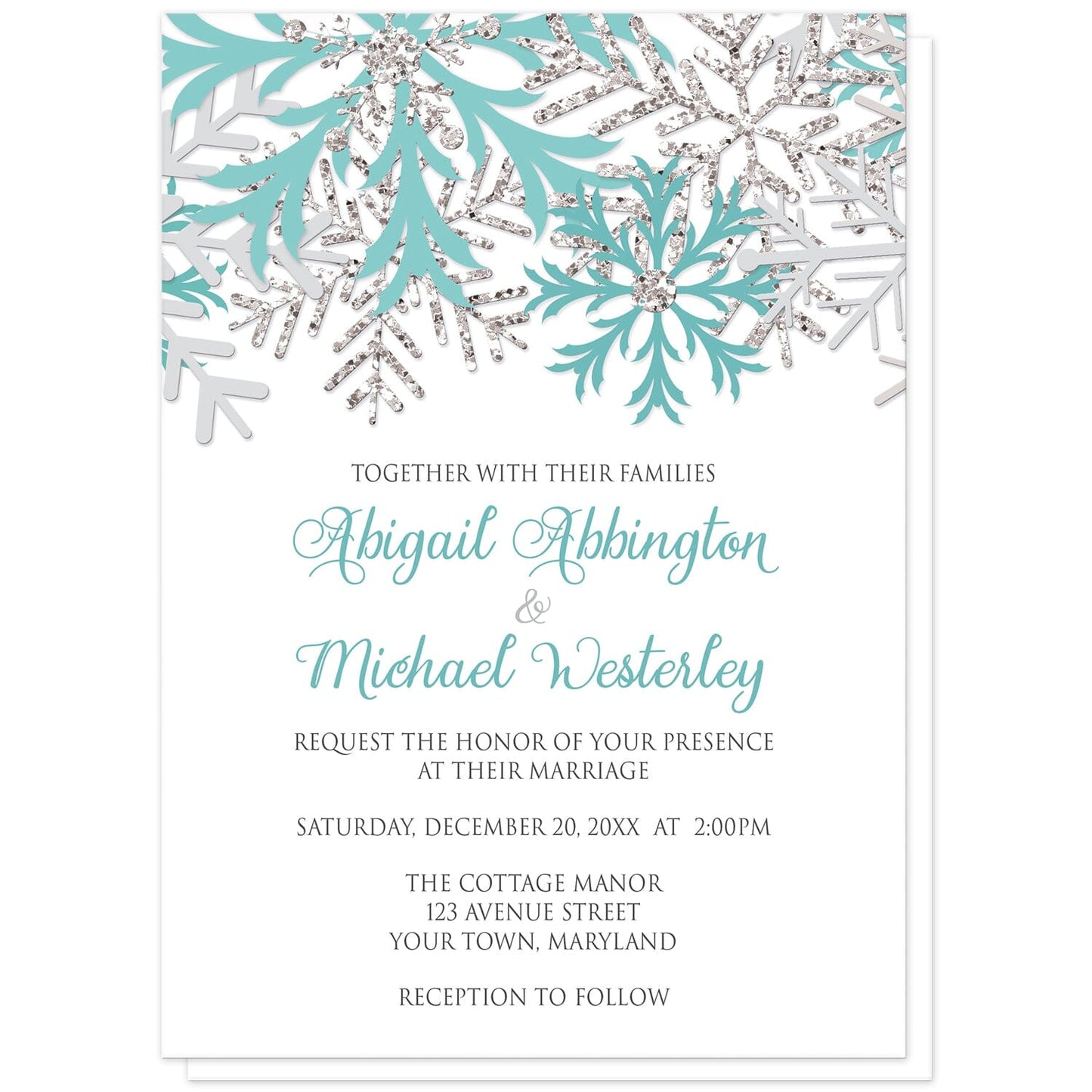 Winter Teal Silver Snowflake Wedding Invitations at Artistically Invited. Beautiful winter teal silver snowflake wedding invitations designed with teal, light teal, silver-colored glitter-illustrated, and light gray snowflakes along the top over a white background. Your personalized marriage celebration details are custom printed in teal and gray below the pretty snowflakes.