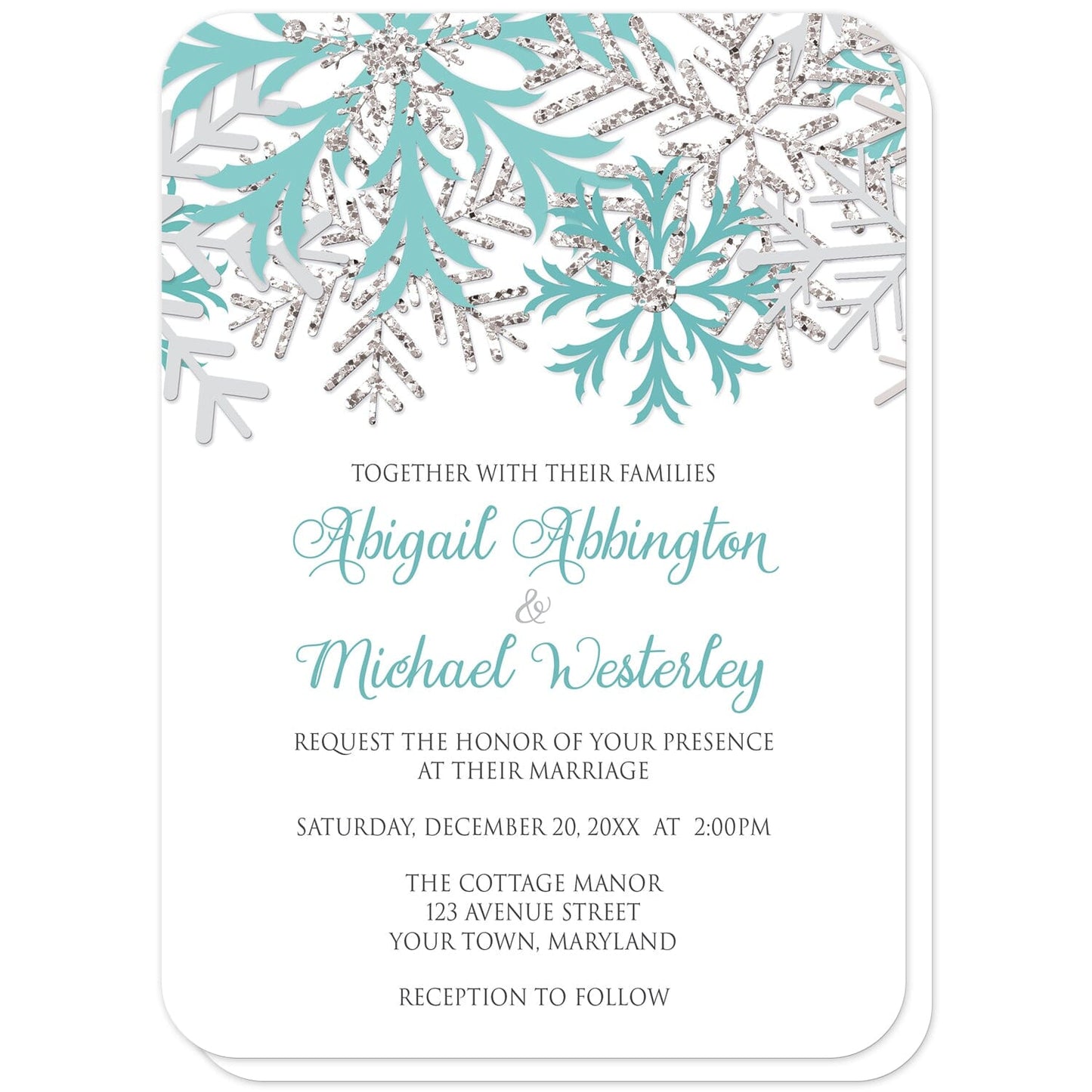 Winter Teal Silver Snowflake Wedding Invitations (with rounded corners) at Artistically Invited. Beautiful winter teal silver snowflake wedding invitations designed with teal, light teal, silver-colored glitter-illustrated, and light gray snowflakes along the top over a white background. Your personalized marriage celebration details are custom printed in teal and gray below the pretty snowflakes.