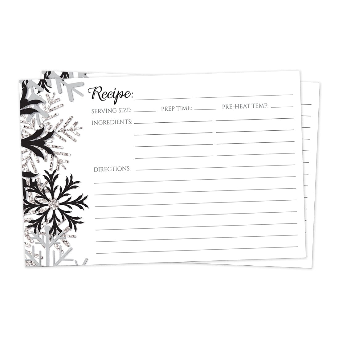 Front side of the Winter Black Silver Snowflake Recipe Cards