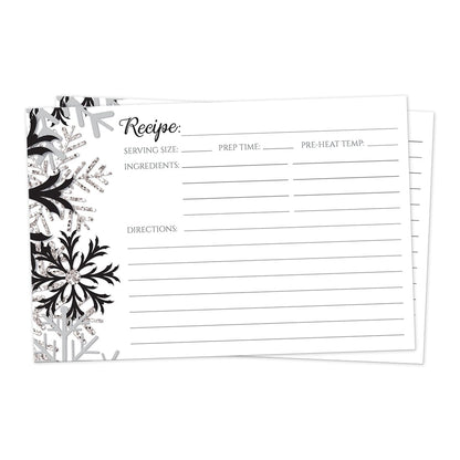 Front side of the Winter Black Silver Snowflake Recipe Cards