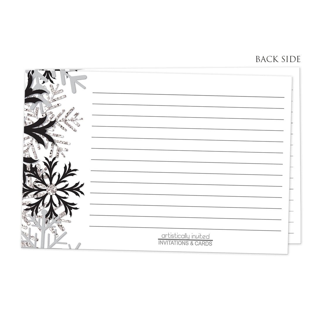 Back side of the Winter Black Silver Snowflake Recipe Cards