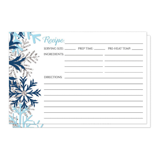 Front side of the Winter Blue Silver Snowflake Recipe Cards