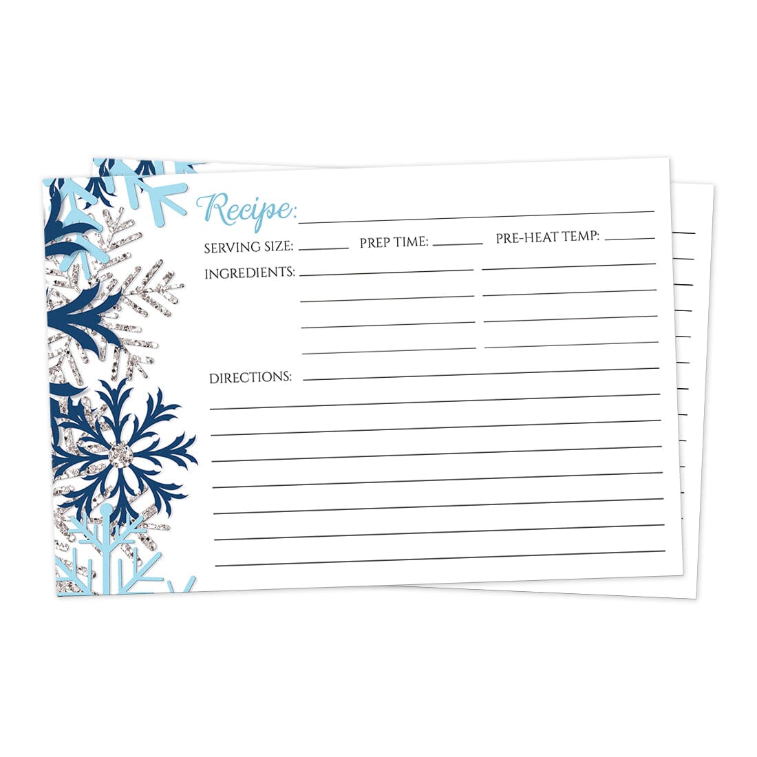 Front side of the Winter Blue Silver Snowflake Recipe Cards