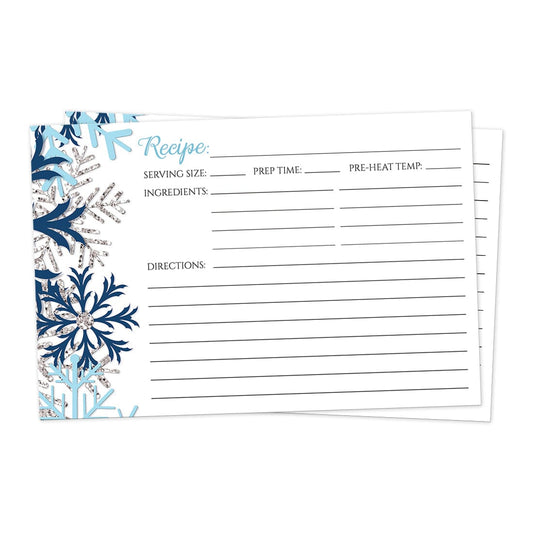 Front side of the Winter Blue Silver Snowflake Recipe Cards