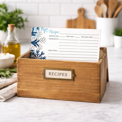 Winter Blue Silver Snowflake Recipe Card shown in a wooden recipe box