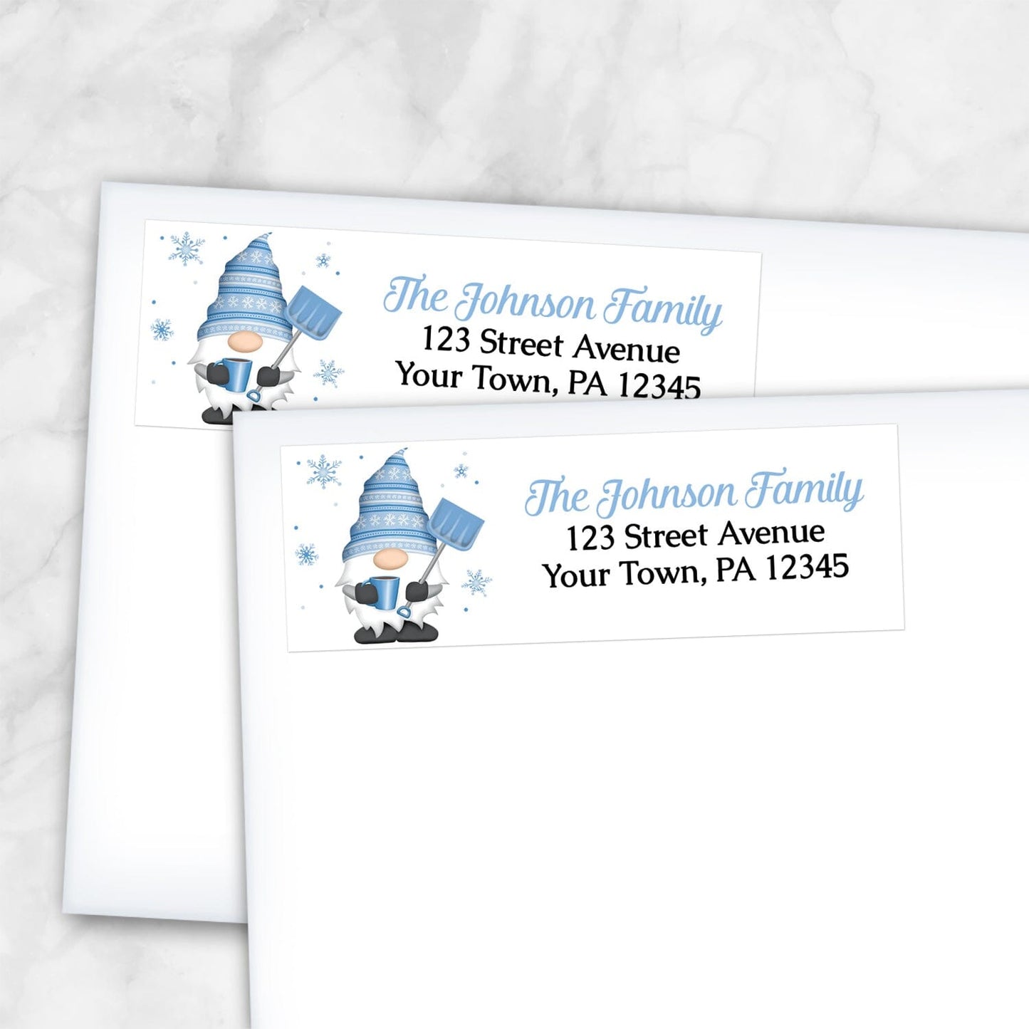 2 Winter Gnome Address Labels shown on white envelopes
