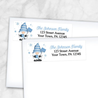 2 Winter Gnome Address Labels shown on white envelopes