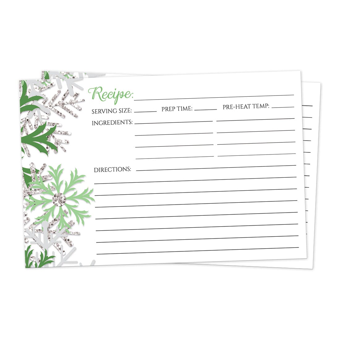 Front side of the Winter Green Silver Snowflake Recipe Cards