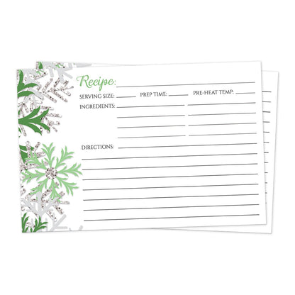 Front side of the Winter Green Silver Snowflake Recipe Cards