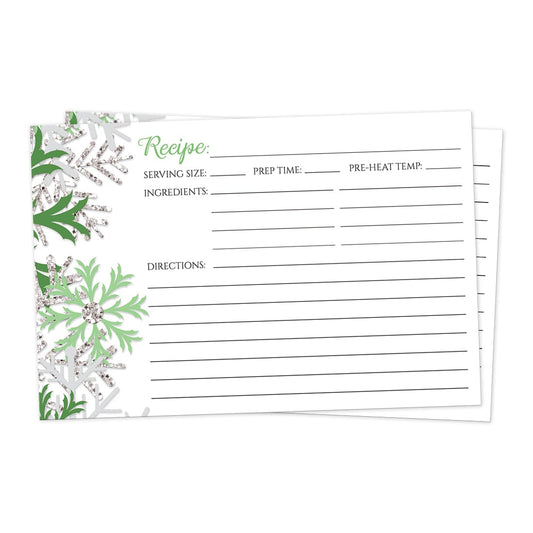 Front side of the Winter Green Silver Snowflake Recipe Cards