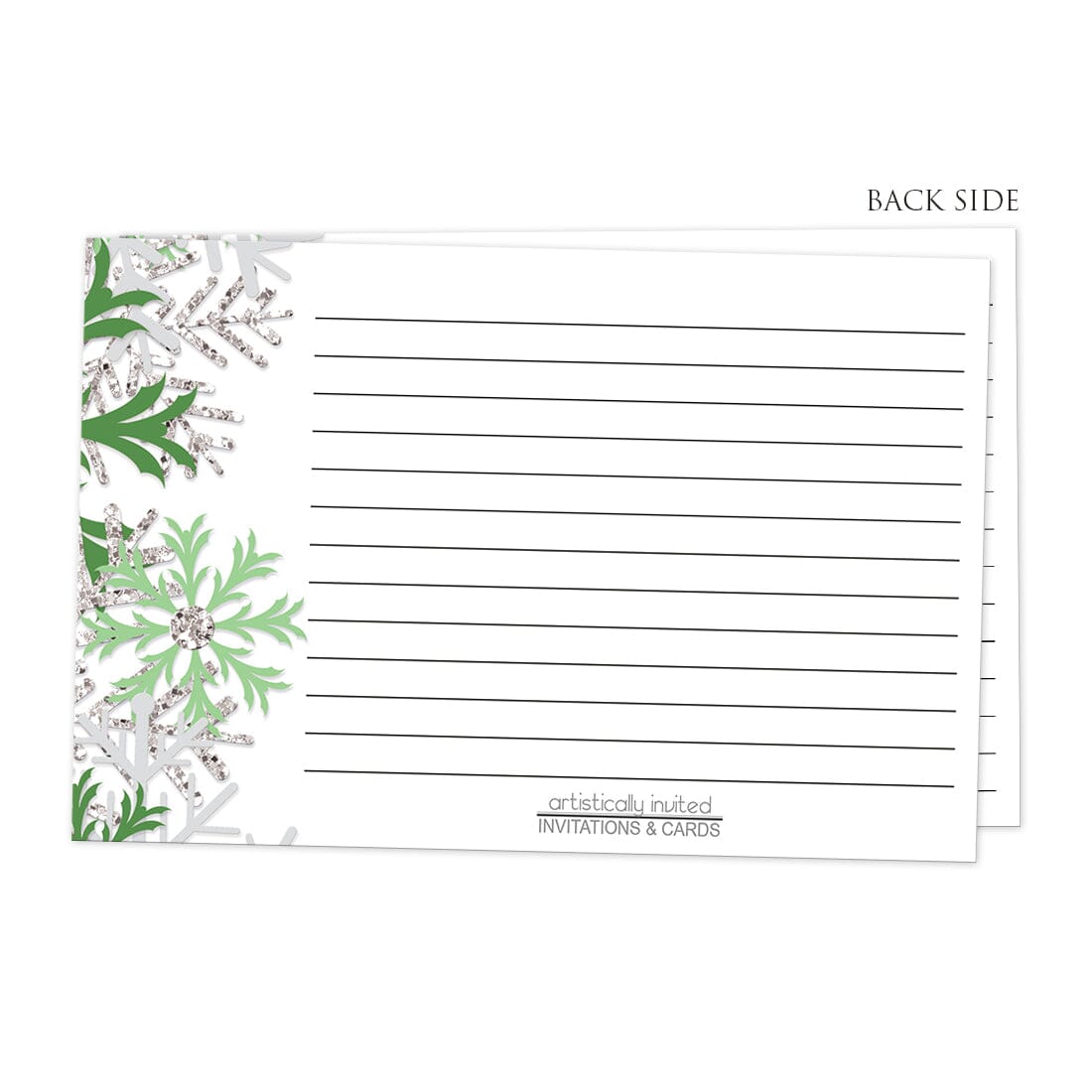 Back side of the Winter Green Silver Snowflake Recipe Cards