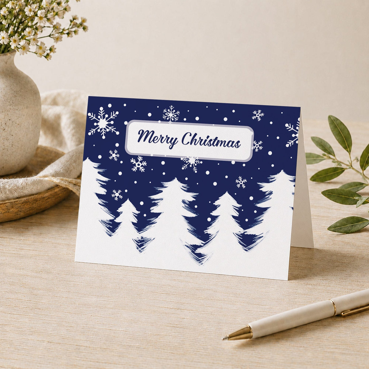 Winter Night Snow Christmas card with white snowy evergreen trees, falling snowflakes, dark navy blue sky, and Merry Christmas script inside a white frame, standing on a desk with a vase, plants, and a pen.