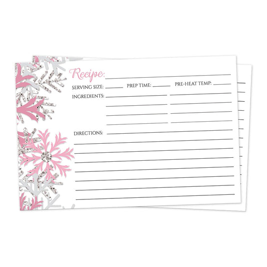 Front side of the Winter Pink Silver Snowflake Recipe Cards