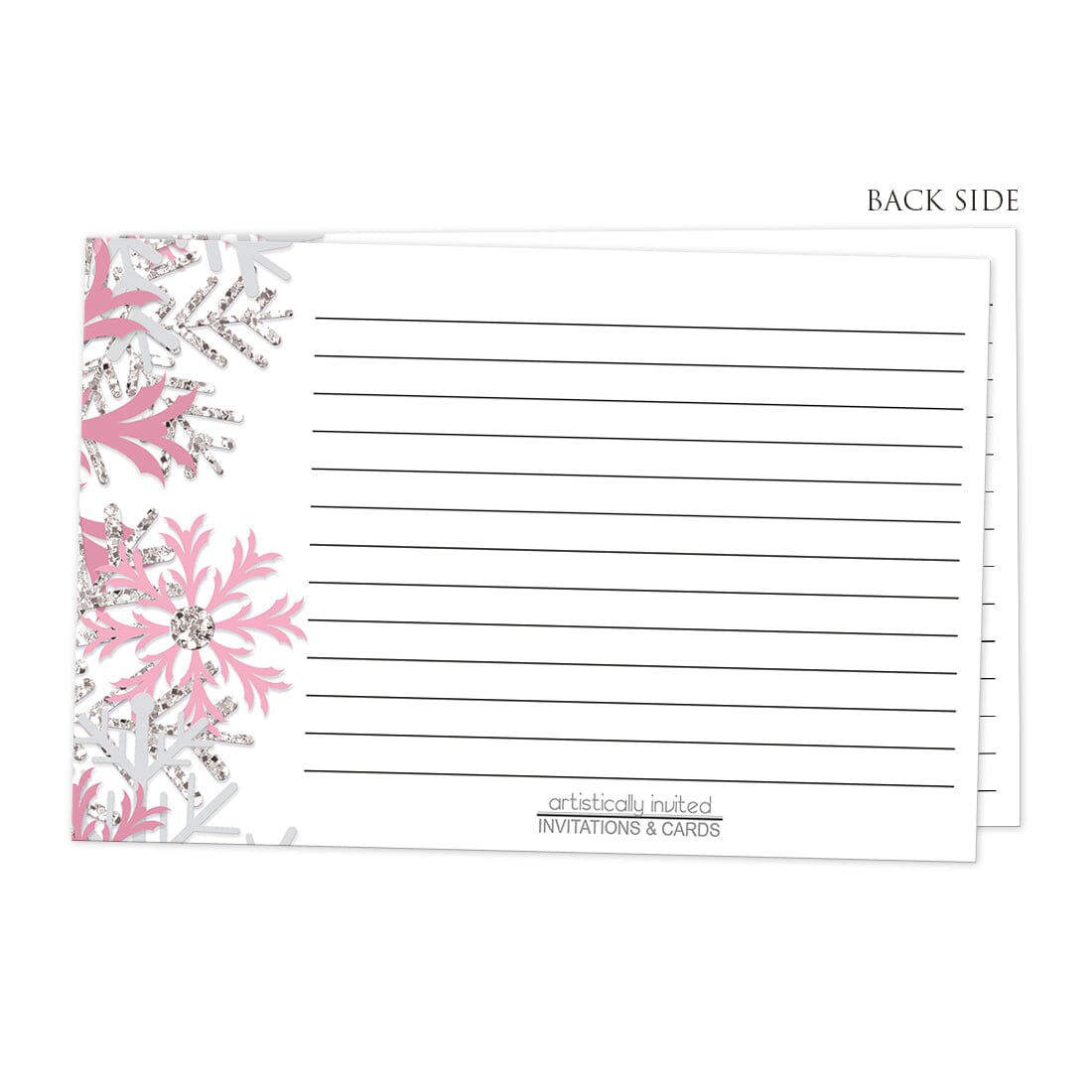 Back side of the Winter Pink Silver Snowflake Recipe Cards