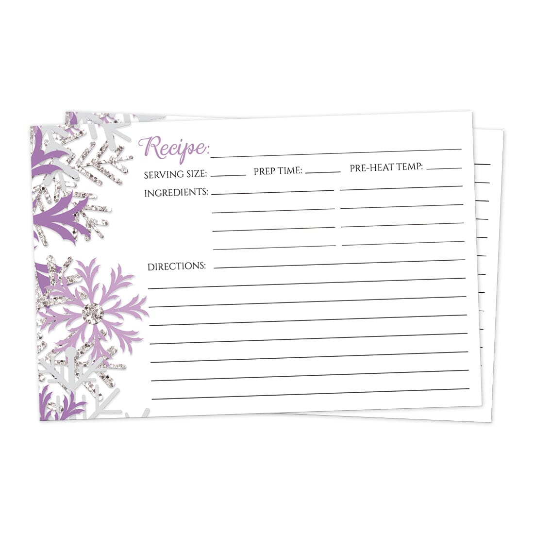 Front side of the Winter Purple Silver Snowflake Recipe Cards