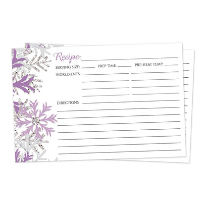 Front side of the Winter Purple Silver Snowflake Recipe Cards