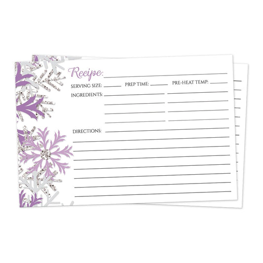 Front side of the Winter Purple Silver Snowflake Recipe Cards