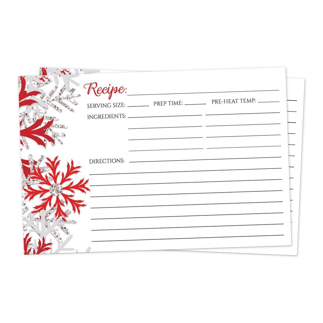 Front side of the Winter Red Silver Snowflake Recipe Cards