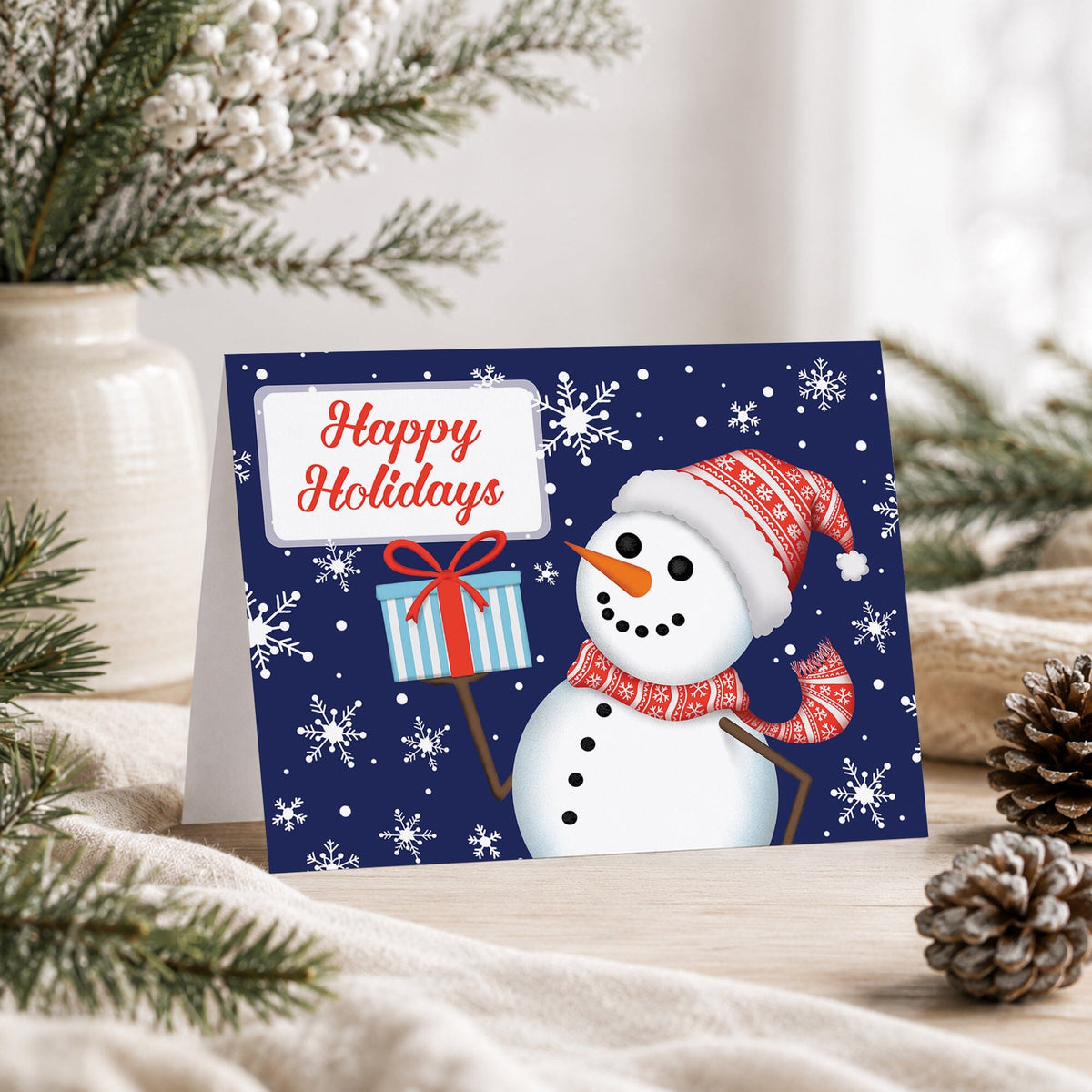 A festive holiday greeting card displayed on a tabletop with a snowman illustration, red 'Happy Holidays' text, and a blue snowflake background. The card is styled with pine branches, a cream vase, and pinecones in a soft indoor setting.