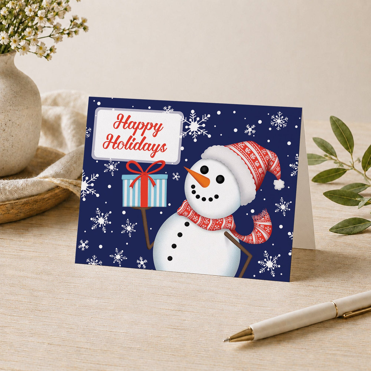 A cheerful holiday greeting card propped on a light wood tabletop, featuring a snowman in a red patterned hat and scarf on a dark blue background with white snowflakes and a sign reading 'Happy Holidays.' The card is styled in a warm indoor setting with a vase, cloth, greenery, and a pen nearby.