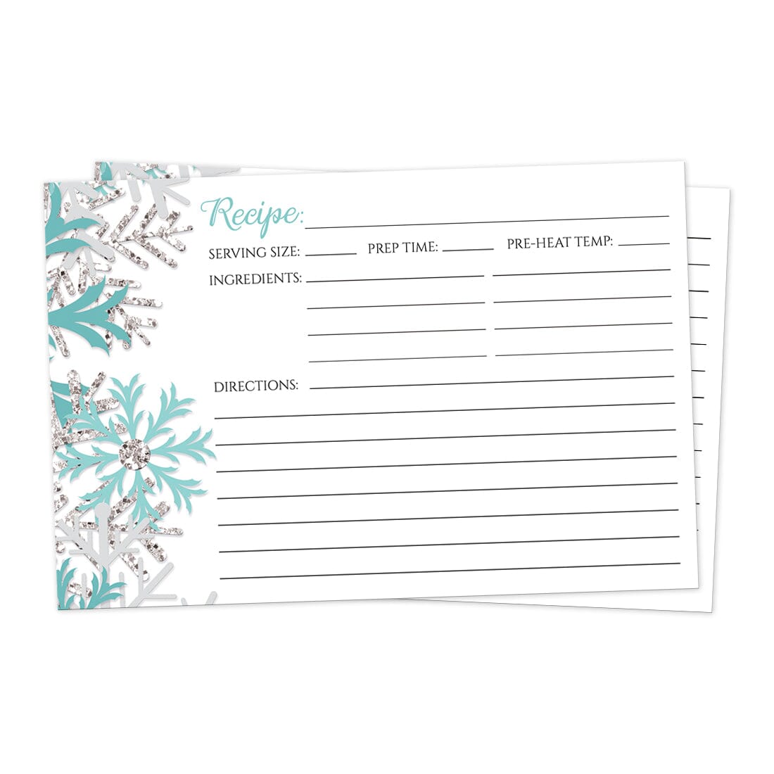 Front side of the Winter Teal Silver Snowflake Recipe Cards