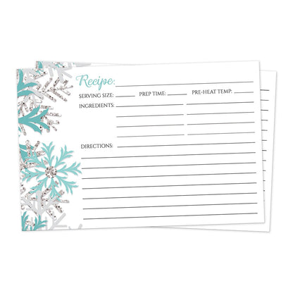 Front side of the Winter Teal Silver Snowflake Recipe Cards