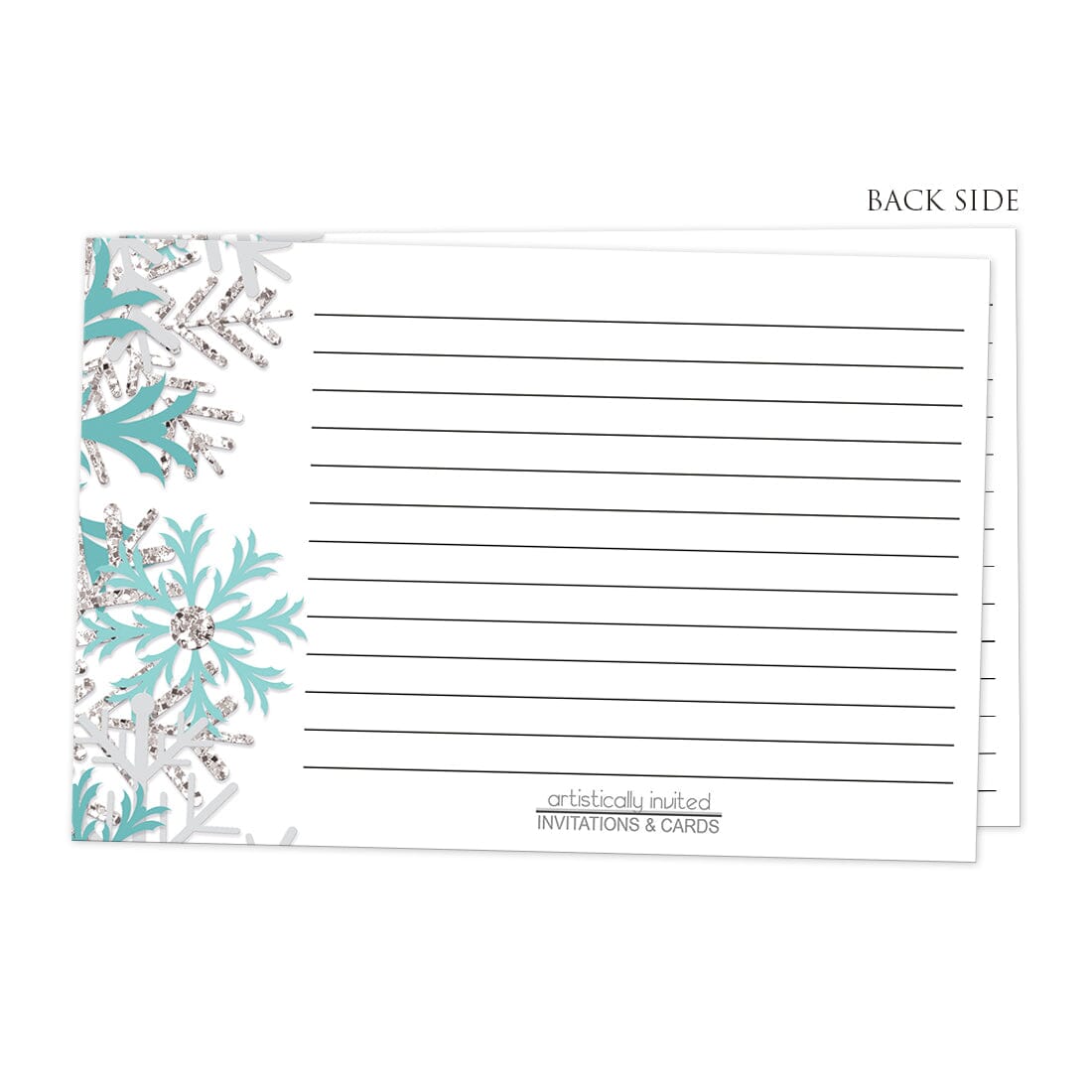 Back side of the Winter Teal Silver Snowflake Recipe Cards