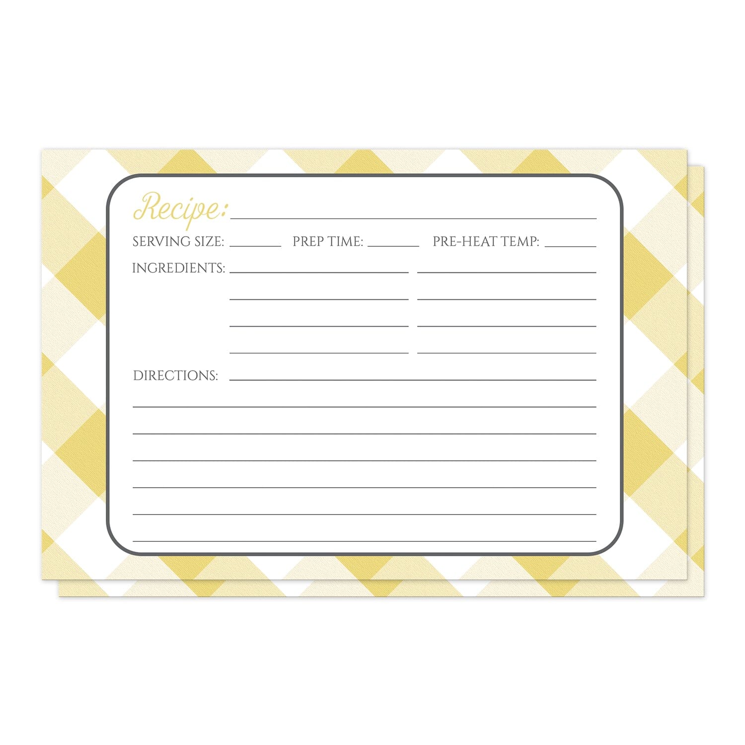 Yellow Gingham Recipe Cards at Artistically Invited. Yellow gingham recipe cards designed with a diagonal white and yellow gingham pattern background. The recipe is to be handwritten over a white rectangular area outlined in gray centered over the yellow gingham background.