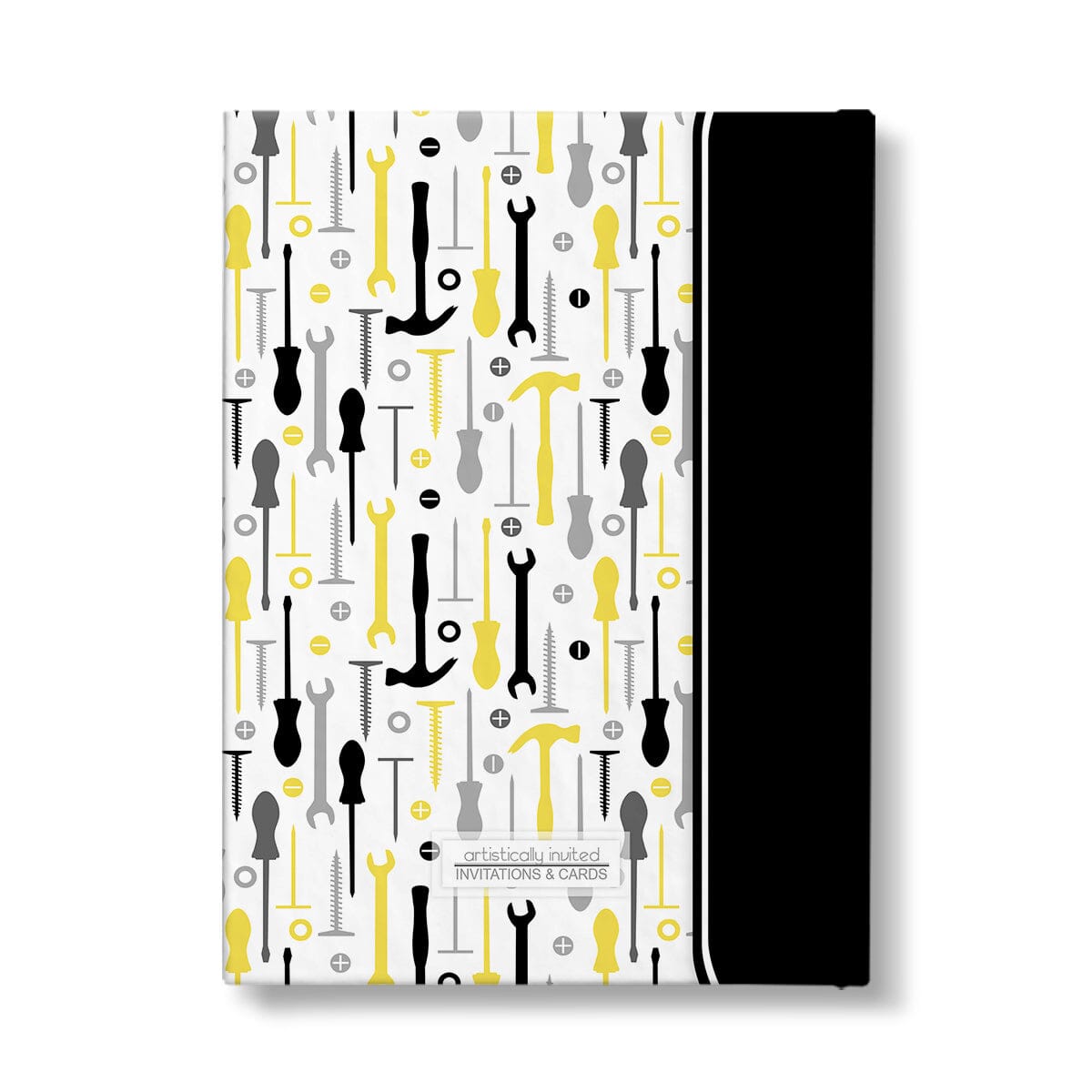 Personalized Yellow Tools Pattern Journal at Artistically Invited. Back side of the book.
