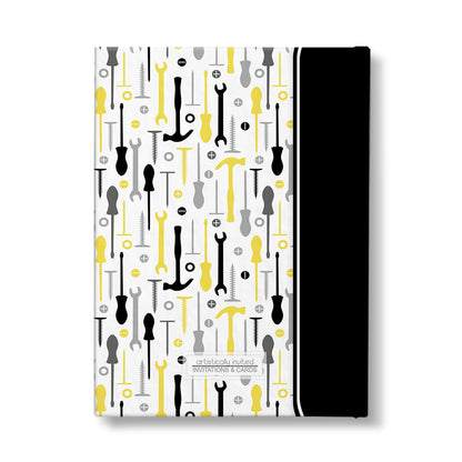 Personalized Yellow Tools Pattern Journal at Artistically Invited. Back side of the book.