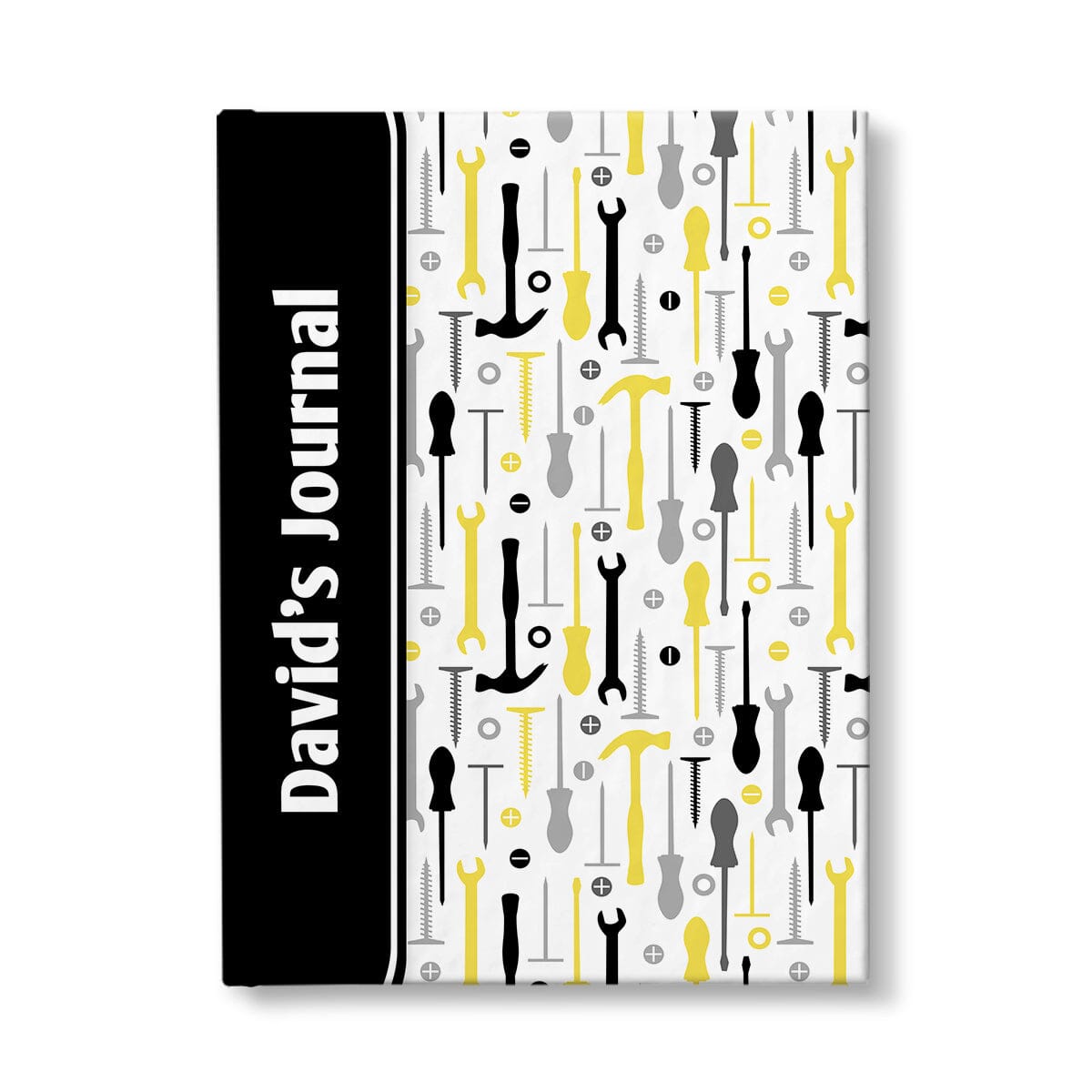 Personalized Yellow Tools Pattern Journal at Artistically Invited. A custom book designed with a black color block wrapping around the spine area over an organized pattern of yellow, black, and gray tools on the rest of the background. This handyman or contractor-inspired pattern includes hammers, screwdrivers, wrenches, nails, screws, and washers. Your personalized name and text of your choice is custom printed sideways in white over the black color block on the front near the spine.