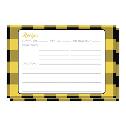 Yellow and Black Buffalo Plaid Recipe Cards at Artistically Invited. Yellow and black buffalo plaid recipe cards in which the recipe is to be handwritten over a white rectangular area outlined in black centered over a yellow and black buffalo plaid (buffalo check) pattern background.