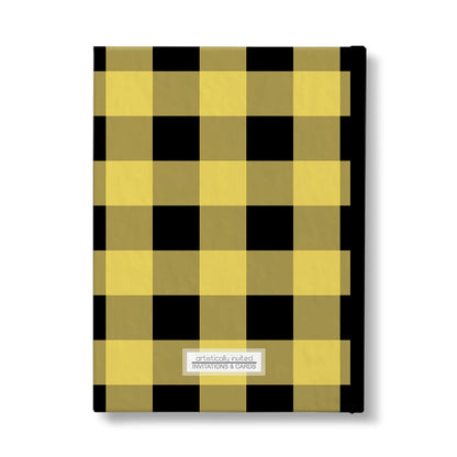 Personalized Yellow and Black Buffalo Plaid Journal at Artistically Invited. Back side of the book.