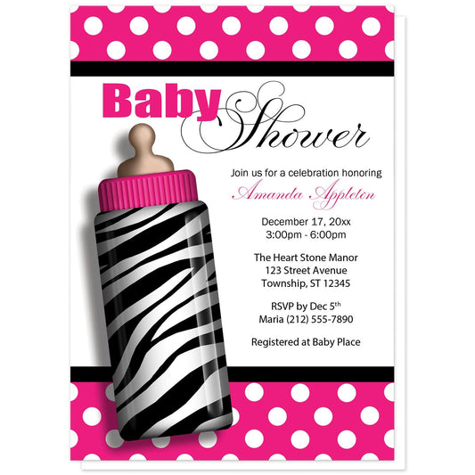 Zebra Print Hot Pink Baby Bottle Baby Shower Invitations at Artistically Invited. Stylish zebra print hot pink baby bottle baby shower invitations featuring an illustration of a baby bottle with a black and white zebra stripes pattern on the left side and a hot pink polka dot pattern along the top and bottom of the invitations. Your personalized baby shower celebration details are custom printed in pink and black on white to the right of the baby bottle between the polka dot patterns. 