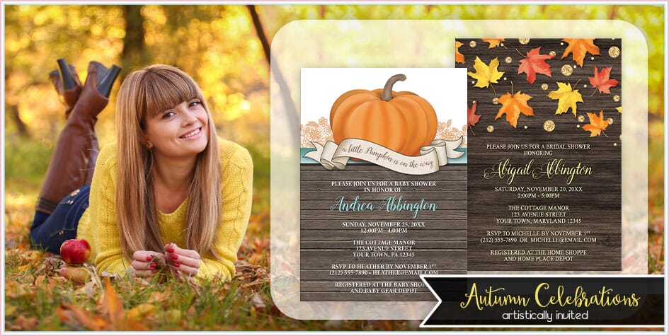 A collage showing a woman lying on the grass in an autumn park next to two autumn-themed invitations for a baby shower and a bridal shower. The left side features a woman in a yellow sweater and jeans, while the right side displays the invitation designs with pumpkins and fall leaves on a dark wood background and an image title of Autumn Celebrations by Artistically Invited.
