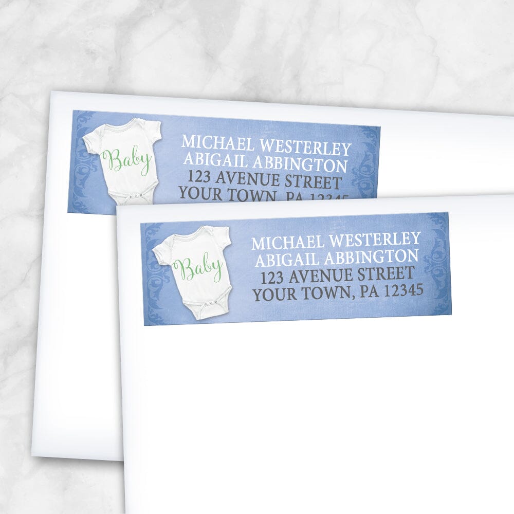 Baby Bodysuit on Blue Address Labels (shown on envelopes) at Artistically Invited.