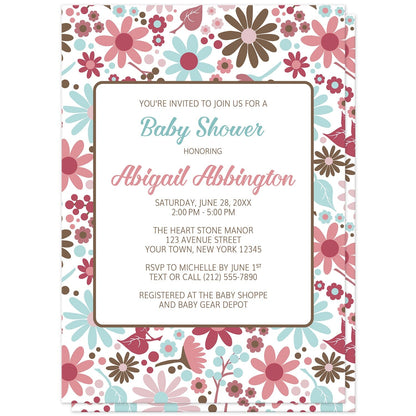 Berry Blue Summer Flowers Baby Shower Invitations (front) at Artistically Invited. Beautiful berry blue summer flowers baby shower invitations designed with a pretty summer floral pattern in different hues of berry pink with blue and brown. Personalize these invitations with your baby shower celebration details in blue, pink, and brown. 