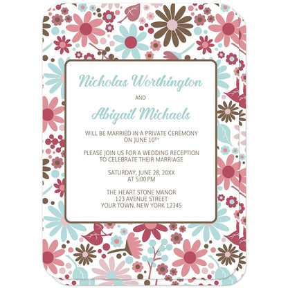 Berry Blue Summer Flowers Reception Only Invitations (front with rounded corners) at Artistically Invited. Beautiful berry blue summer flowers reception only invitations designed with a pretty summer floral pattern in different hues of berry pink with blue and brown. Personalize these invitations with your post-wedding reception occasion details. They're a gorgeous option for any couple who loves floral designs as they're covered in this flowers pattern on both the front and back of the invitations. 