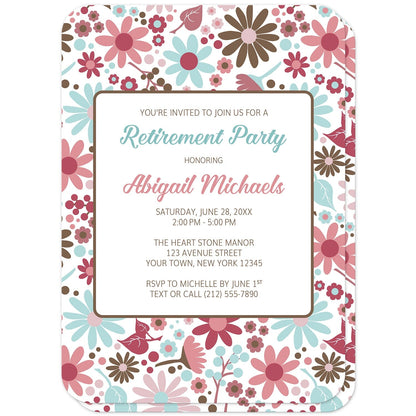 Berry Blue Summer Flowers Retirement Party Invitations (with rounded corners) at Artistically Invited. Beautiful berry blue summer flowers retirement party invitations designed with a pretty summer floral pattern in different hues of berry pink with blue and brown. Your personalizes retirement party details are custom printed in blue, pink, and brown over white in the center area of the invitations. 