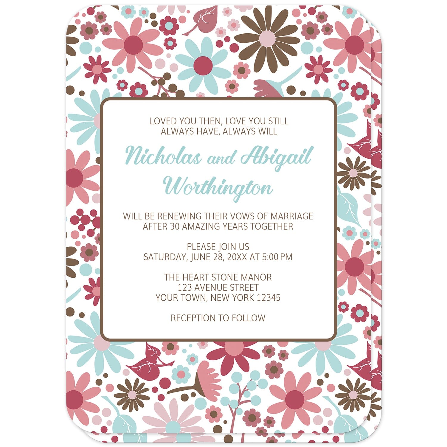 Berry Blue Summer Flowers Vow Renewal Invitations (front with rounded corners) at Artistically Invited.  Beautiful berry blue summer flowers vow renewal invitations designed with a pretty summer floral pattern in different hues of berry pink with blue and brown. Personalize these invitations with your occasion details for renewing your vows. They're a gorgeous option for any couple who loves floral designs as they're covered in this flowers pattern on both the front and back of the invitations. 
