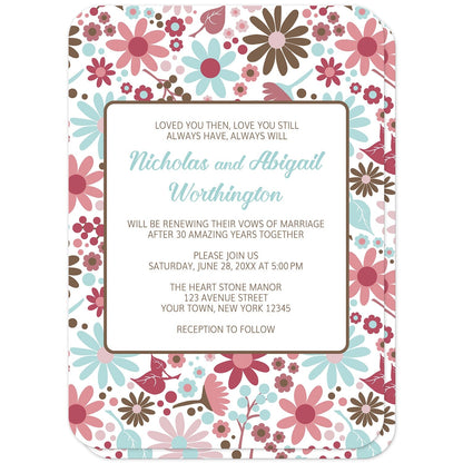 Berry Blue Summer Flowers Vow Renewal Invitations (front with rounded corners) at Artistically Invited.  Beautiful berry blue summer flowers vow renewal invitations designed with a pretty summer floral pattern in different hues of berry pink with blue and brown. Personalize these invitations with your occasion details for renewing your vows. They're a gorgeous option for any couple who loves floral designs as they're covered in this flowers pattern on both the front and back of the invitations. 