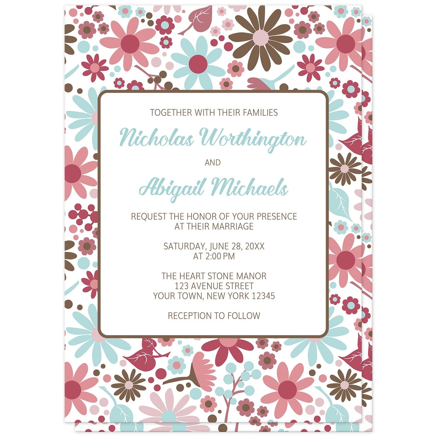 Berry Blue Summer Flowers Wedding Invitations (front) at Artistically Invited.  Beautiful berry blue summer flowers wedding invitations designed with a pretty summer floral pattern in different hues of berry pink with blue and brown. Personalize these invitations with your marriage occasion details. They're a gorgeous option for any couple who loves floral designs as they're covered in this flowers pattern on both the front and back of the invitations. 