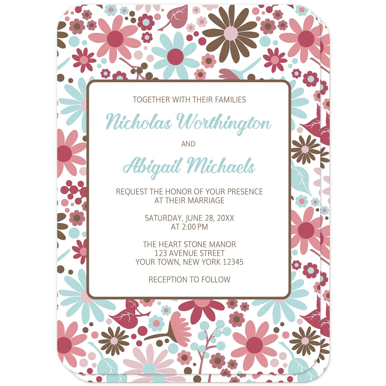 Berry Blue Summer Flowers Wedding Invitations (front with rounded corners) at Artistically Invited.  Beautiful berry blue summer flowers wedding invitations designed with a pretty summer floral pattern in different hues of berry pink with blue and brown. Personalize these invitations with your marriage occasion details. They're a gorgeous option for any couple who loves floral designs as they're covered in this flowers pattern on both the front and back of the invitations. 