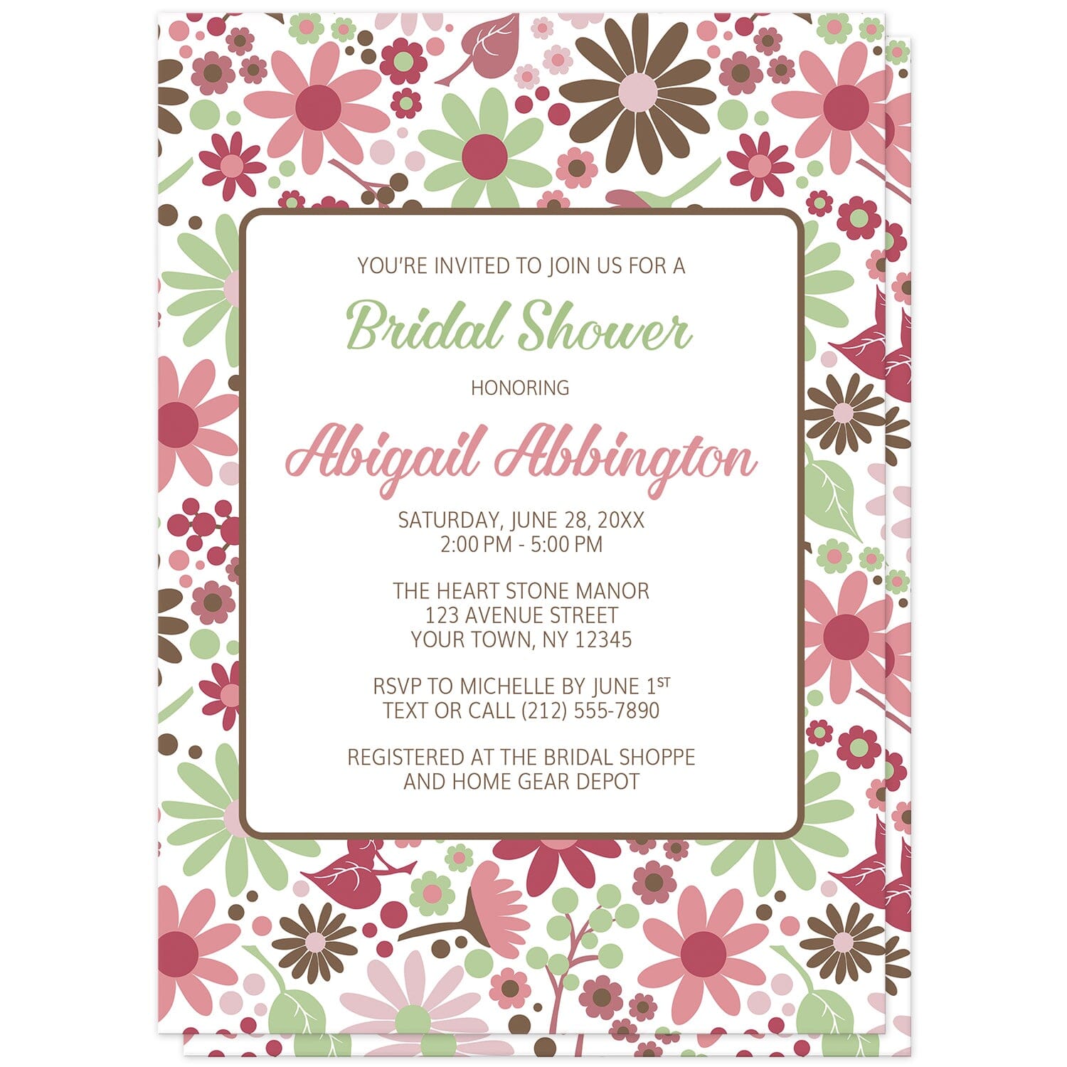 Berry Green Summer Flowers Bridal Shower Invitations (front) at Artistically Invited. Beautiful berry green summer flowers bridal shower invitations designed with a pretty summer floral pattern in different hues of berry pink with green and brown. Your personalized bridal shower celebration details are custom printed in green, pink, and brown on white over the flowers pattern.