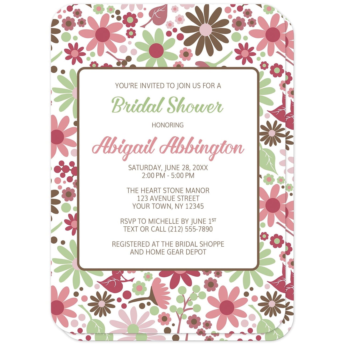 Berry Green Summer Flowers Bridal Shower Invitations (front with rounded corners) at Artistically Invited. Beautiful berry green summer flowers bridal shower invitations designed with a pretty summer floral pattern in different hues of berry pink with green and brown. Your personalized bridal shower celebration details are custom printed in green, pink, and brown on white over the flowers pattern.