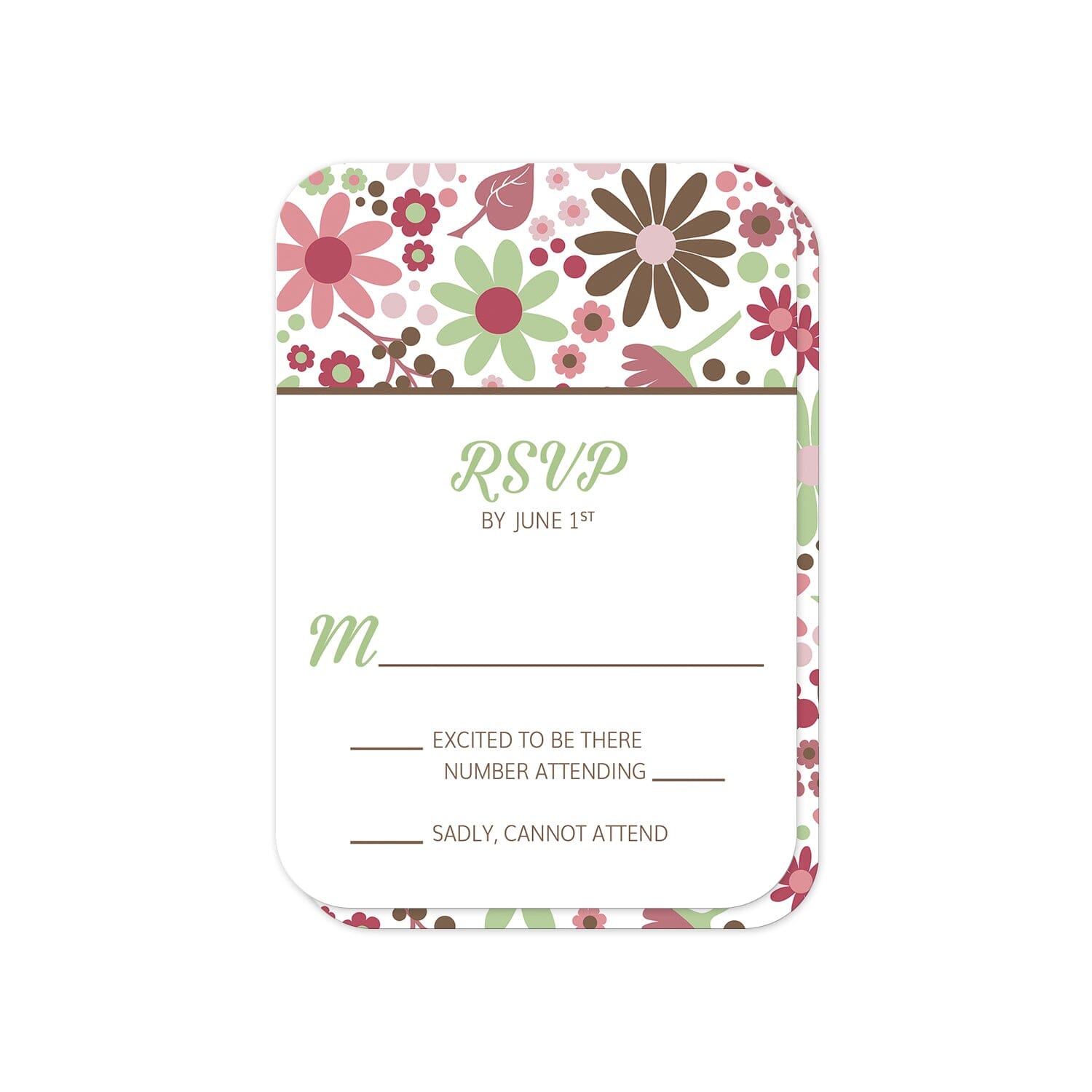 Berry Green Summer Flowers RSVP cards (front with rounded corners) at Artistically Invited.