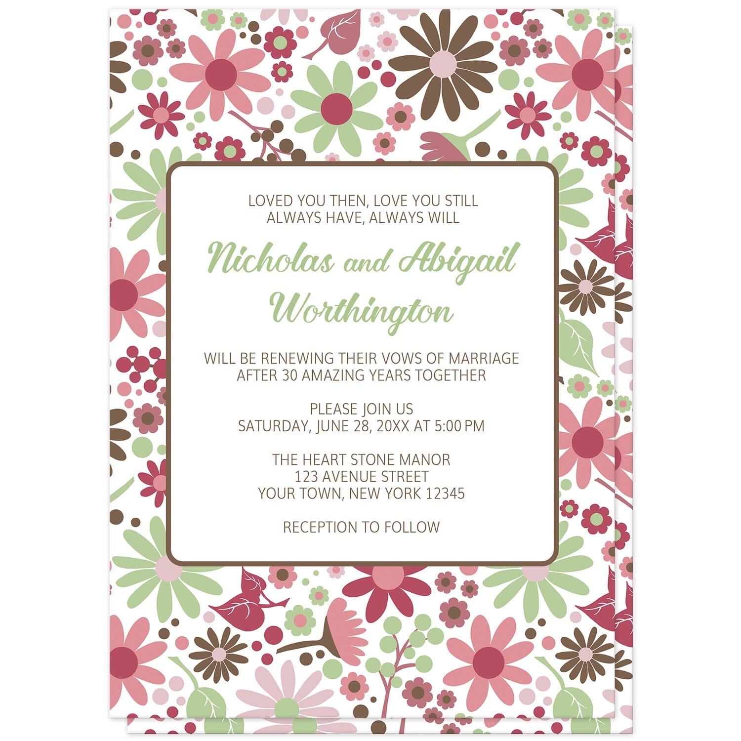 Berry Green Summer Flowers Vow Renewal Invitations (front) at Artistically Invited. Beautiful berry green summer flowers vow renewal invitations designed with a pretty summer floral pattern in different hues of berry pink with green and brown. Personalize these invitations with your occasion details for renewing your vows. They're a gorgeous option for any couple who loves floral designs as they're covered in this flowers pattern on both the front and back of the invitations. 