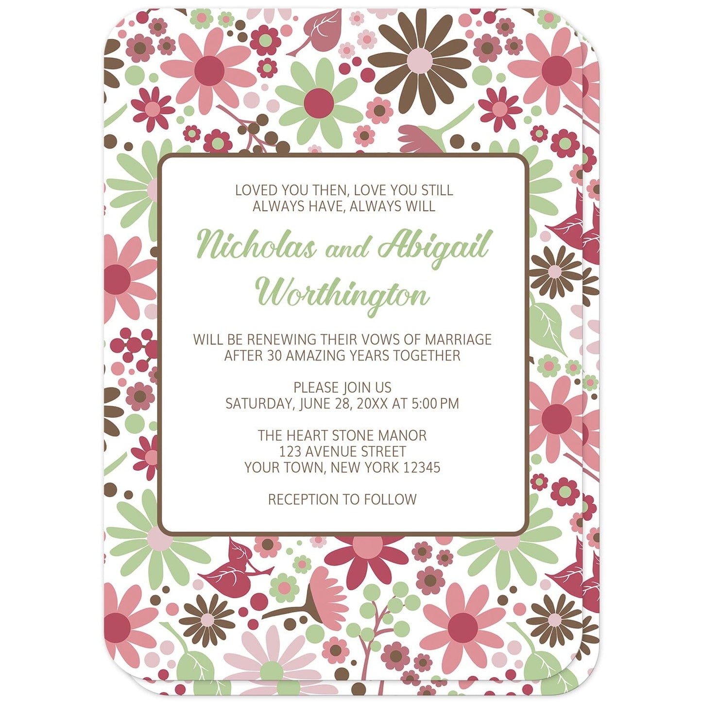 Berry Green Summer Flowers Vow Renewal Invitations (front with rounded corners) at Artistically Invited. Beautiful berry green summer flowers vow renewal invitations designed with a pretty summer floral pattern in different hues of berry pink with green and brown. Personalize these invitations with your occasion details for renewing your vows. They're a gorgeous option for any couple who loves floral designs as they're covered in this flowers pattern on both the front and back of the invitations. 