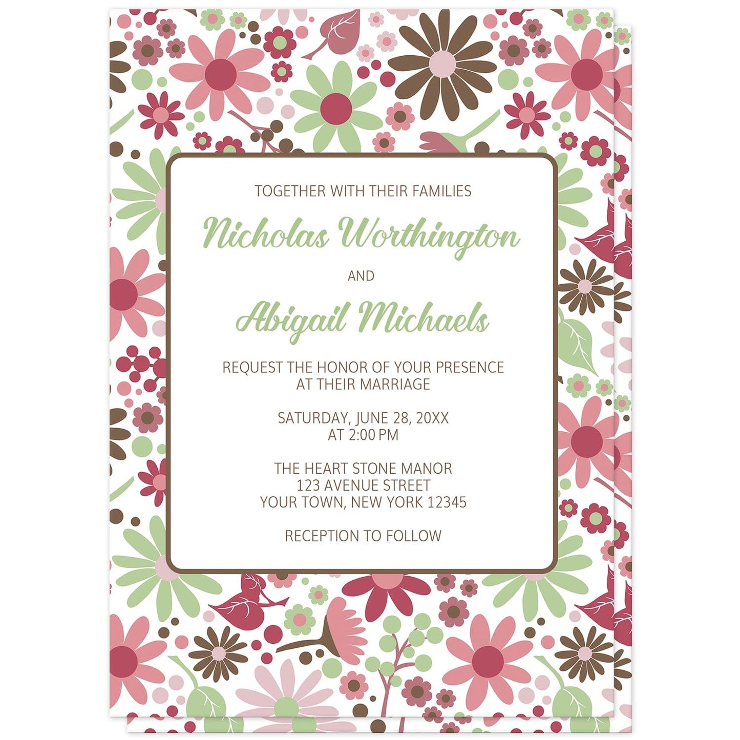 Berry Green Summer Flowers Wedding Invitations (front) at Artistically Invited. Beautiful berry green summer flowers wedding invitations designed with a pretty summer floral pattern in different hues of berry pink with green and brown. Personalize these invitations with your marriage occasion details. They're a gorgeous option for any couple who loves floral designs as they're covered in this flowers pattern on both the front and back of the invitations. 